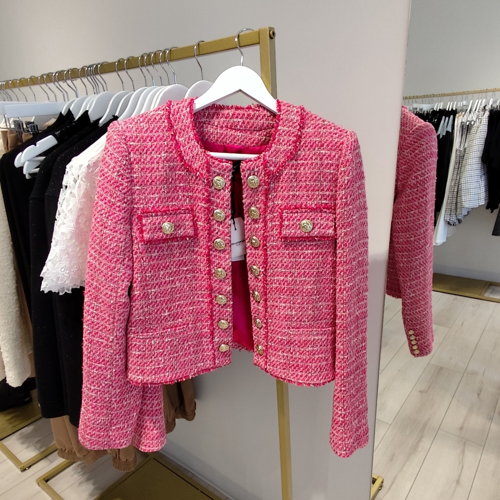 Generation Love tweed blazer. Pink/White